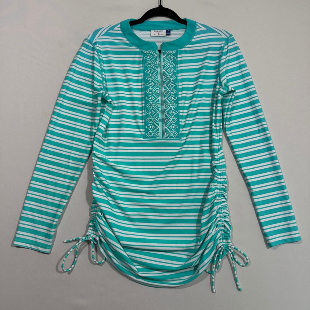 Cabana Life x Talbots Women Rash Guard Turquoise Striped M Ruched Swim Top